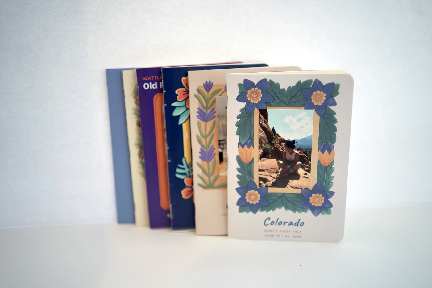 Keeper journals standing in a row, Colorado baby's first trip in front