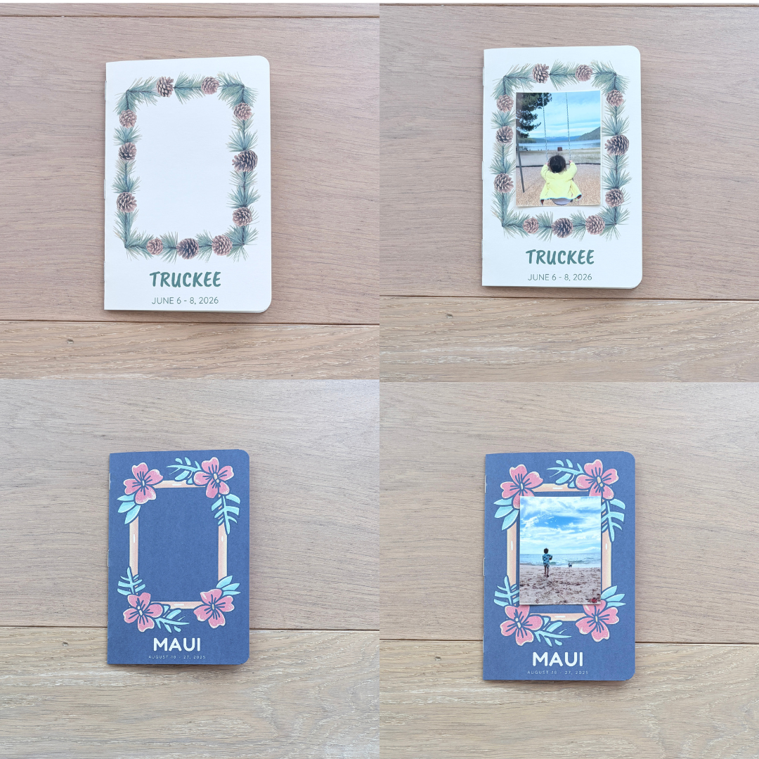 Four custom photo cards arranged in a 2x2 grid on a light wood background. The top row shows the front of two white cards labeled TRUCKEE with floral pine borders and placeholder photo frames.